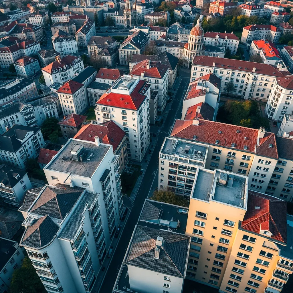 Aerial view of Budapest residential architecture with clean